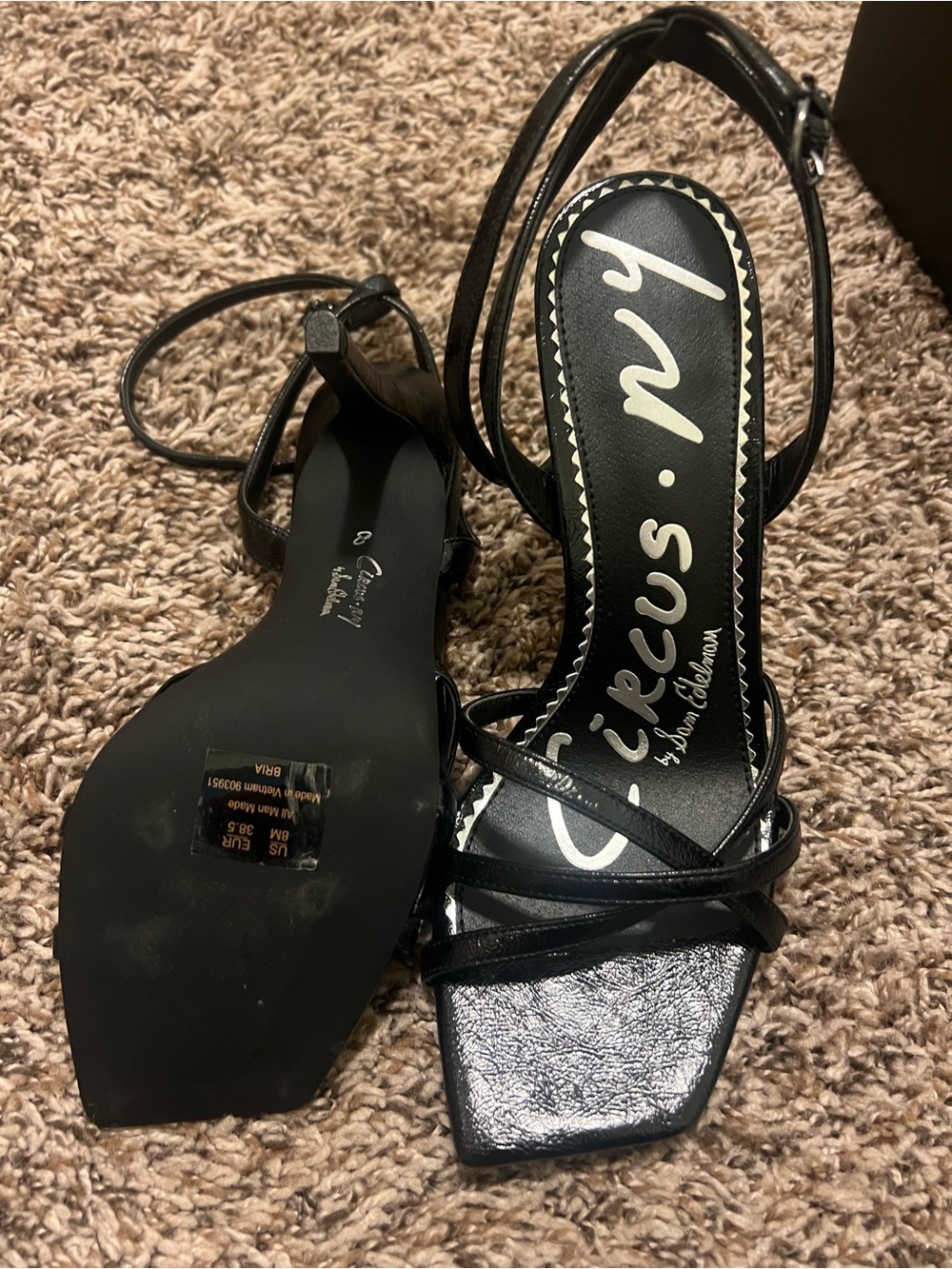 Caparros Black Strappy Square Toe Ankle-Strap Heels
